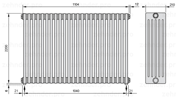 Схема (чертеж) Радиатор Zehnder Charleston 6220/24 №3570 Белый глянцевый RAL 9016